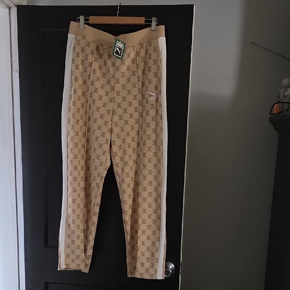 Puma Beige Monogram Track Pants with White Side Stripe